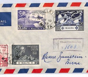 MALTA 1949 UPU FDC Air Mail First Day Cover Valletta Registered SWITZERLAND YW38