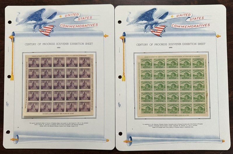 1933 US Postage Stamp Sheets (Scott #730 & 731) Unused Hinged to White Ace Pages