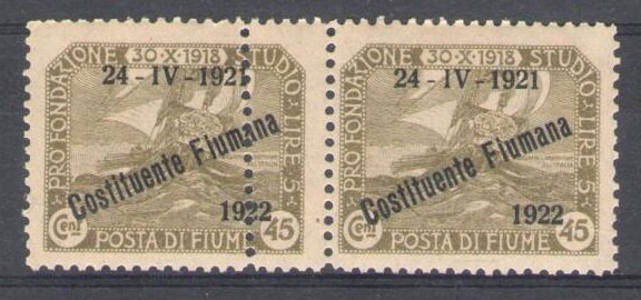 1922 Rijeka, n. 183x, 45 cents. olive, MNH**, DOUBLE LACE PAIR