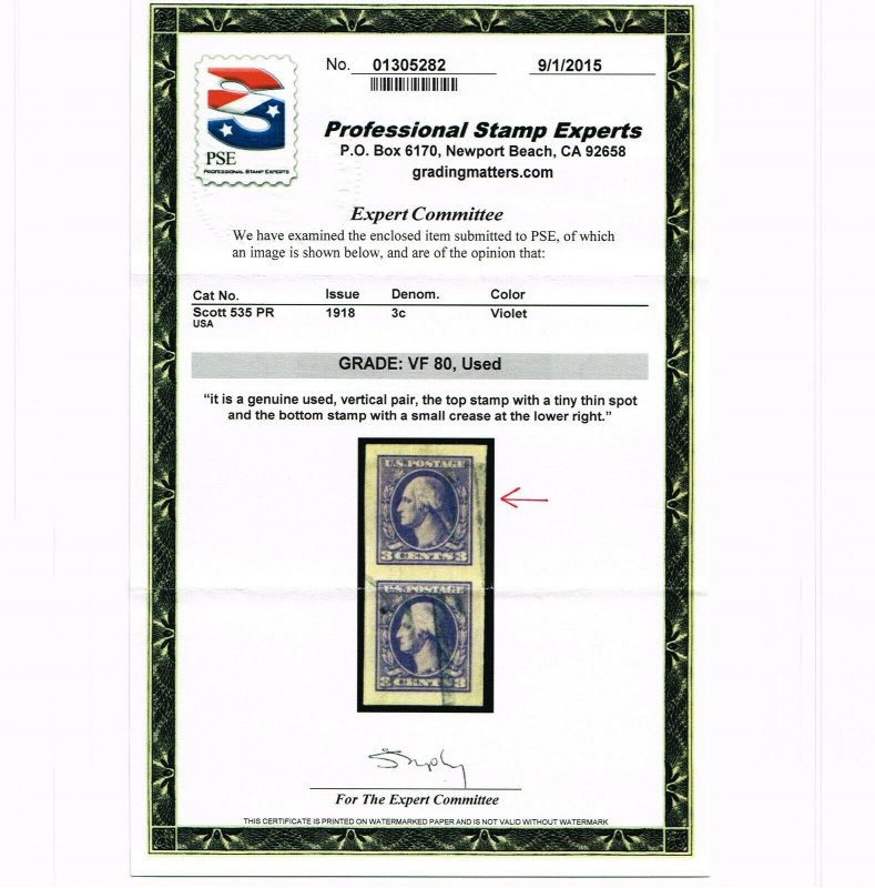 EXCEPTIONAL GENUINE SCOTT #535 USED PSE GRADED VF-XF 85 APPARENT 98 2 CERTS