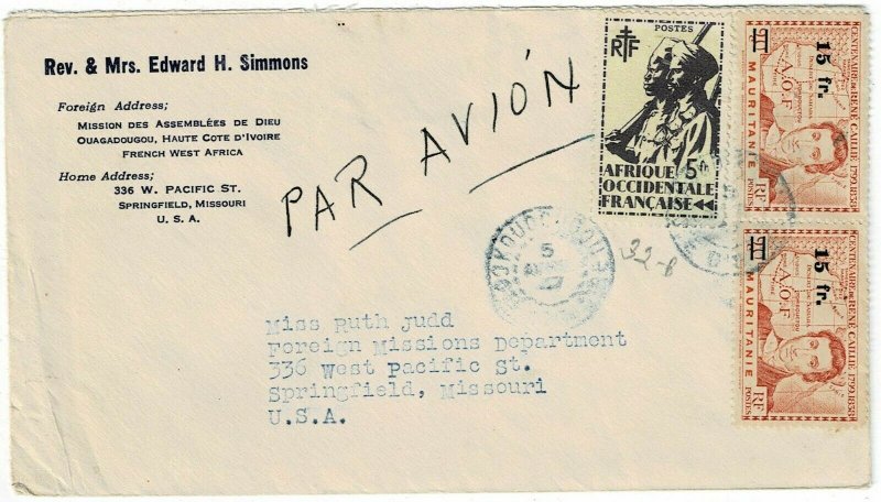 French West Africa 1947 Ouagadougou cancel on airmail cover to the U.S.