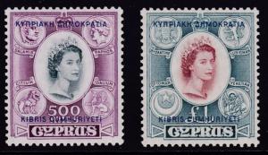 Cyprus 1960 QEII 500m + ! Pound High Values with Bi-lingual Overprint XF/NH(**)