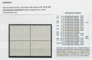 DOMINICA SG126b 1951 6c MNH BLK OF 4 - 1 WITH MISSING A VAR IN WMK