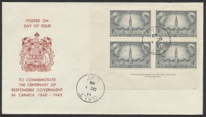 1948 #277 Responsible Govt FDC, Plate Block, Red Coat of Arms Cachet, Galt ONT