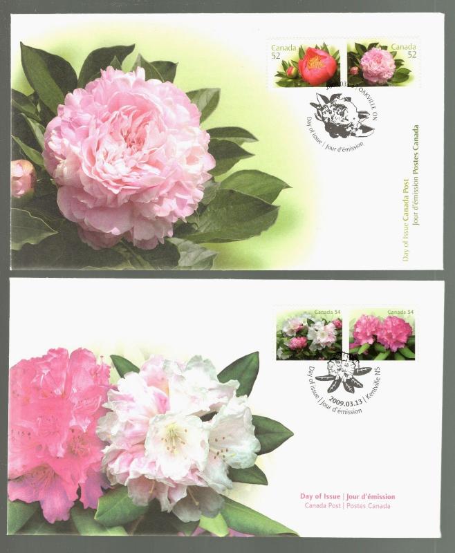 2008-10 Canada #2319-20 #2261-62 #2377-78 Peonies Rhododendron Violets  FDCs 