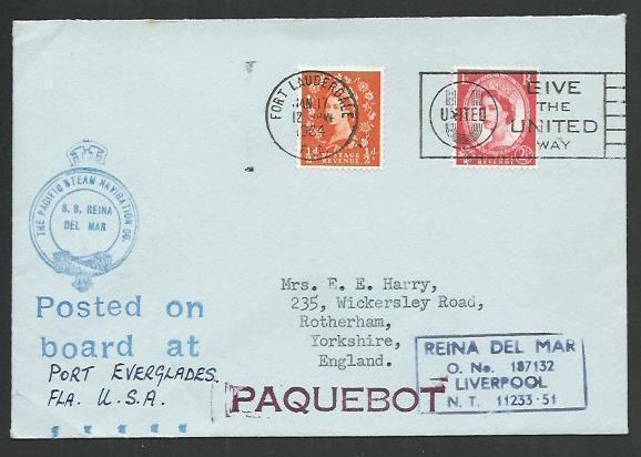 GB USA 1964 cover GB stamps FORT LAUDERDALE cancel, ship cachets..........65542