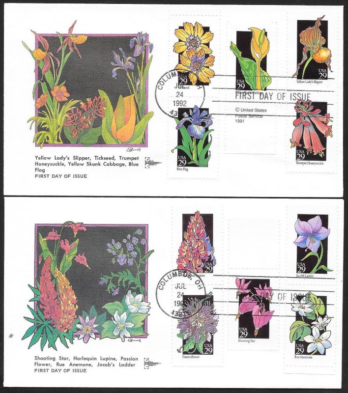 UNITED STATES FDCs (10) 29¢ Flowers Complete set 1992 Gill Craft