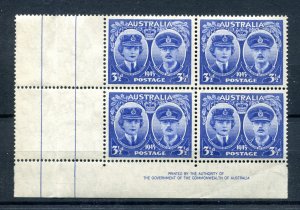 Australia 1945. Imprint Corner Block of 4 x 3 1/2d stamps. Mint. NH. SG210.