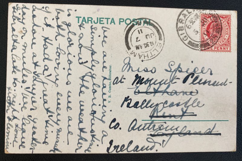 1911 Gibraltar Picture Postcard Cover To Eltham Ireland Castaño General Street