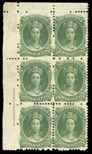 Nova Scotia #11 Cat$90+, 1860 8 1/2c green, imprint block of six, gum adhesio...