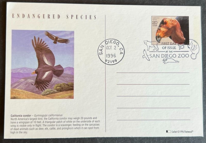 ENDANGERED CA CONDOR #3105I OCT 2 1996 SAN DIEGO CA FIRST DAY COVER BX3-2