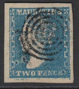 SG 44 Mauritius 1859. 2d pale blue. Very fine used with a crisp target