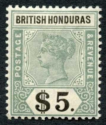 British Honduras SG65 5 dollars Green and Black M/M Top Value Cat 350 pounds 