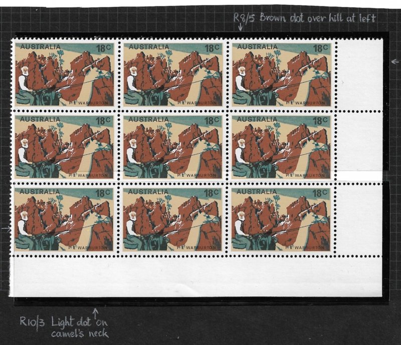 1976 Australia Sc634 Explorer Peter Warburton MNH block of 9 with minor flaws