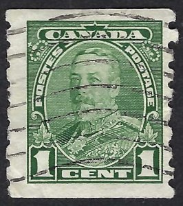 Canada #228 1¢ King George V (1935). Coil. Perf.8 vert. Green. Used.