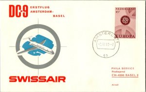 Netherlands 45c Europa 1968 Swissair DC-9 First Flight Amsterdam to Basel.