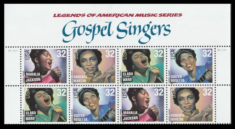 US 3216-3219 3219a Gospel Singers 32c header plate block 8 MNH 1998