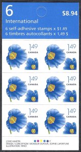 Canada #2134a $1.49 Himalayan Blue Poppy (2005). Pane of 6 stamps. MNH