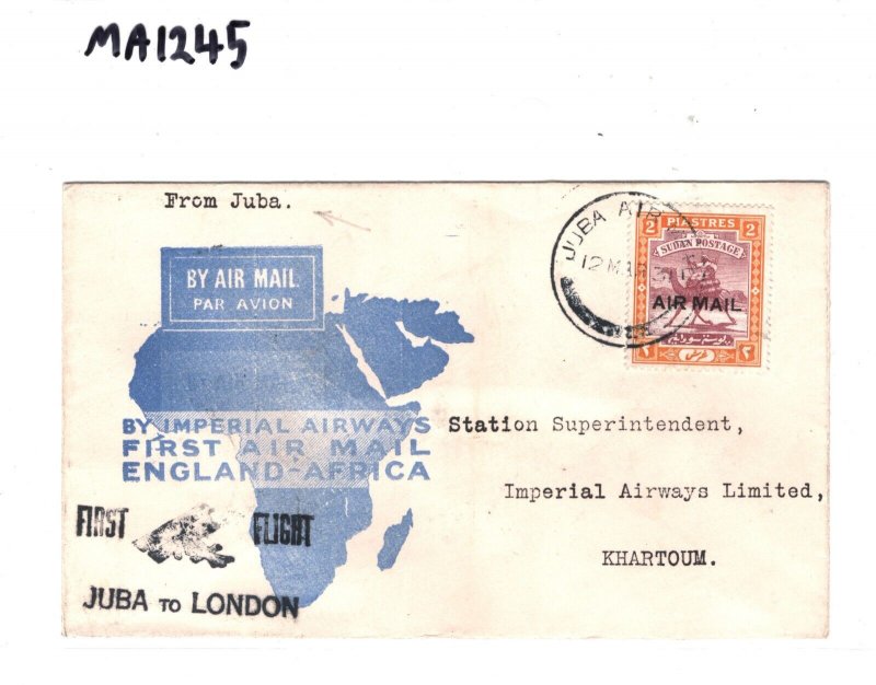 SUDAN Air Mail 1931 Cover FIRST FLIGHT JUBA-LONDON Imperial AFRICA MAP E MA1245