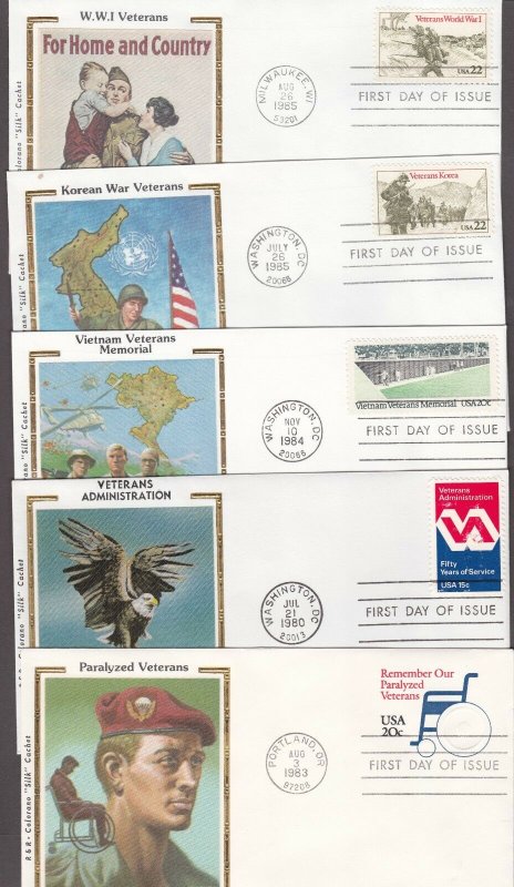 US FDC Veterans Mixed Lot of 5 w/ Colorano Silk Cachets 