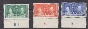 KENYA, UGANDA & TANGANYIKA, 1937 Coronation, set of 3, Pl. # B1, marginal, mnh.