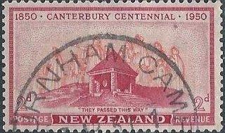 New Zealand 275 (used) 2p Canterbury Cathedral, car & red org (1950)