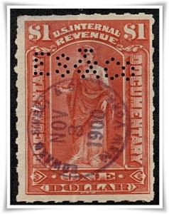R182 $1.00 Documentary Stamp (1900) CDS & Perfin