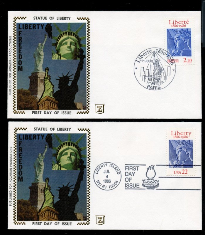 US 2224 joint France 2014 Statue of Liberty UA set of 2 Zaso silk cachet FDC