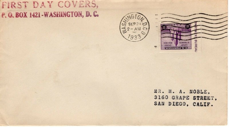 CENTURY OF PROGRESS STAMP ON COVER,  WASHINGTON, DC  1933  FDC10982