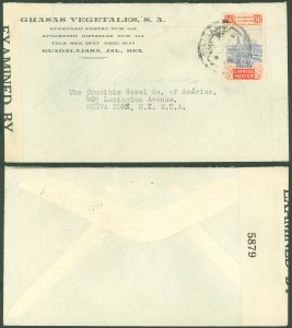 1942 WWII Censored, MEXICO - NEW YORK, GUADALAHARA, GRASAS VEGETALES Corner Card
