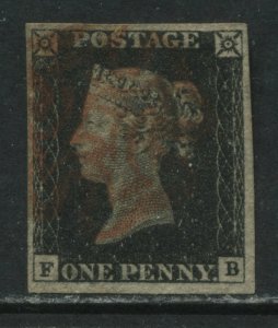 1840 Penny Black FB Plate 7 with red MX and 4 good to very large margins