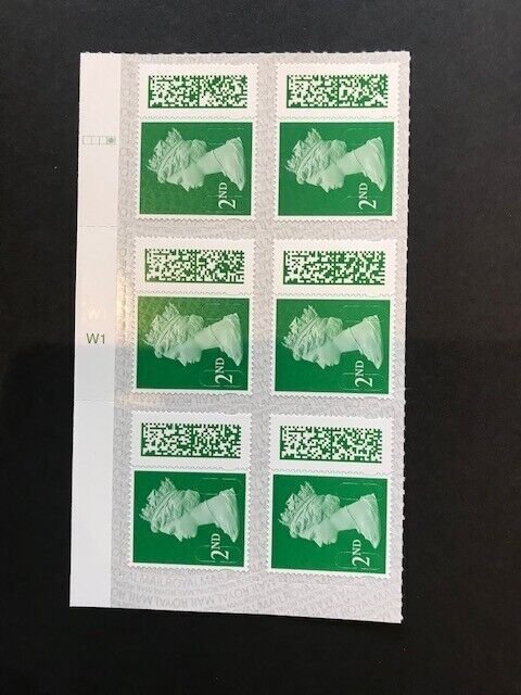 2022 2nd Class Barcoded Machin in Cylinder Block of 6 Cyl pW1 W1 (Grid 4) U/M