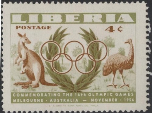 Liberia 358 (mh) 4c Melbourne Olympics, kangaroo & emu (1956)