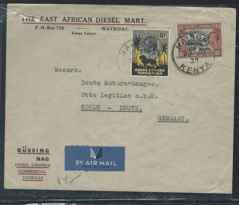 KENYA,UGANDA,TANGANYIKA (P2809B) 1937 KGV 65C+1/- FROM EAST AF DIESEL MART TO GE