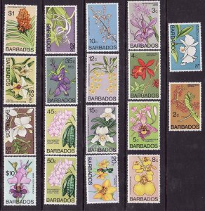 Barbados-Sc#396-411- id9-unused NH set-Flowers-Orchids-1974-7-