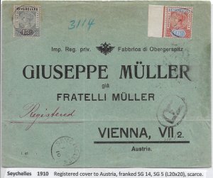 Seychelles Islands to Vienna, Austria 1910 Registered (51973)