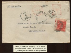 J85 Postage Due Used on Cover from South Africa to Indiana LV5533