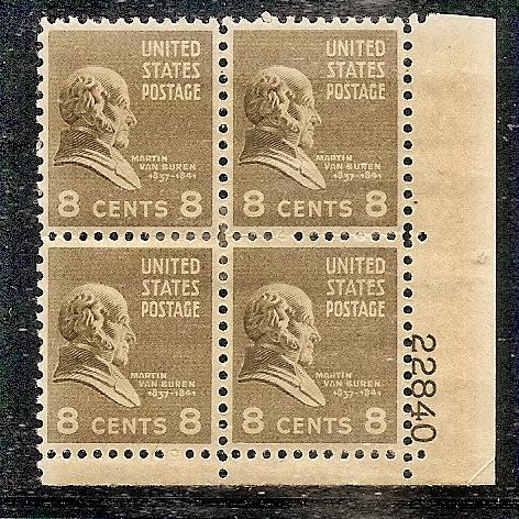 US  813 MNH 1938 8c ol green MARTIN VAN BUREN P# BLOCK