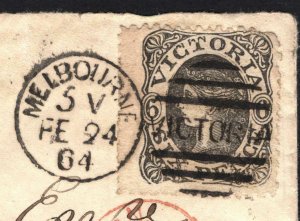 Australia VICTORIA Cover 6d Grey PROMINENT VARIETIES GB London 1864 W104a