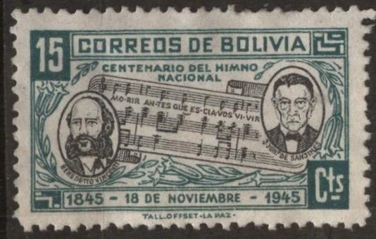 Bolivia 310 (unused) 15c national anthem, blue green & black (1946)