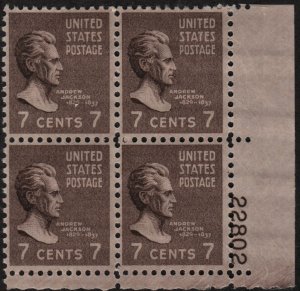 SC#812 7¢ Andrew Jackson Plate Block: LR #22802 (1938) MNH