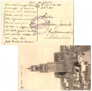 Germany Soldier's Free Mail 1917 PPC (Bruges Cathedrale St. Sauveur) to Germa...