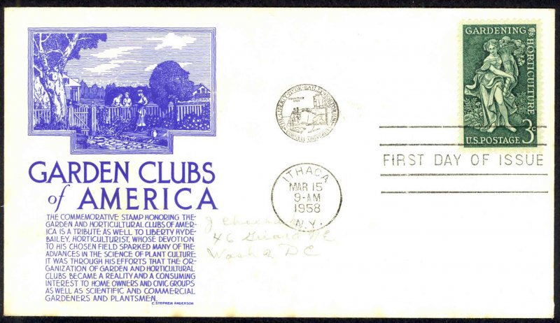 USA Sc# 1100 C.Stephen Anderson cachet FDC (a) Ithaca,NY 1958 3.15 Garden Clubs