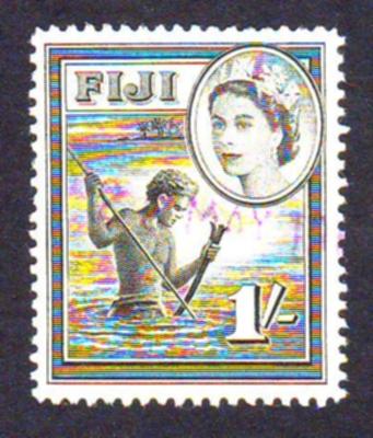 Fiji 1954 SG#289 1 Shilling Blk/Yell Native Fisherman & QEII Head USED-VF-NH.