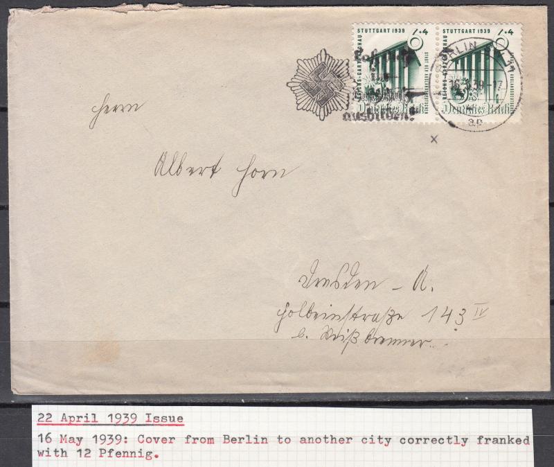 Germany - 16.5.1939 6pf+4 Exhibition as MeF on cover correctly franking (5023)