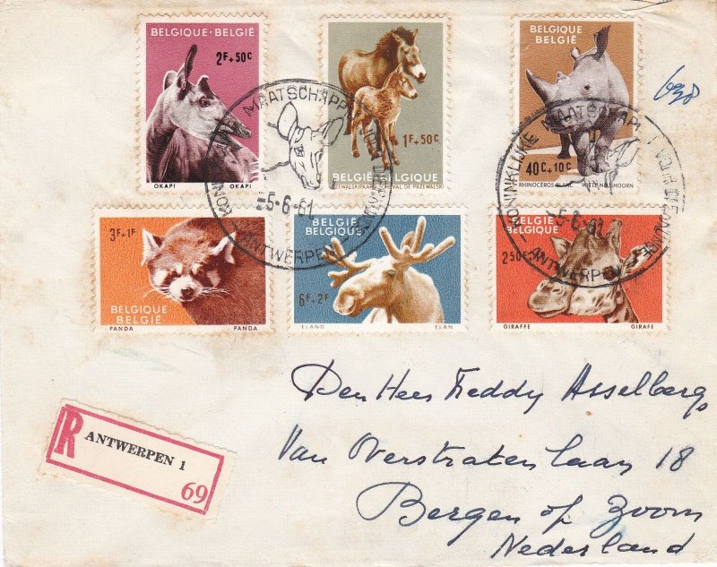 Belgium 1961 Regd Animals of Antwerp Zoo Slogan Cancels Six Stamps Cover Rf45563