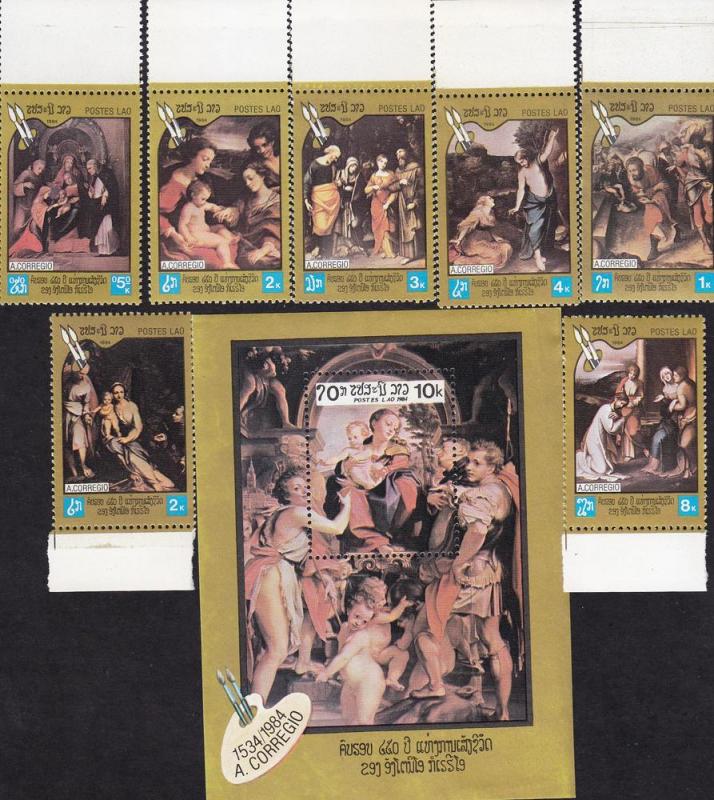 G)1984 LAOS, 1534-1984 A. CORREGIO PAINTINGS, SET OF 7 AND 1