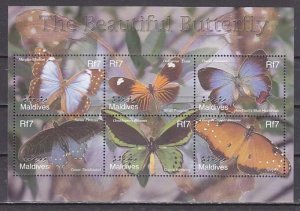 Maldives, Scott cat. 2646 a-f. Butterflies sheet of 6.