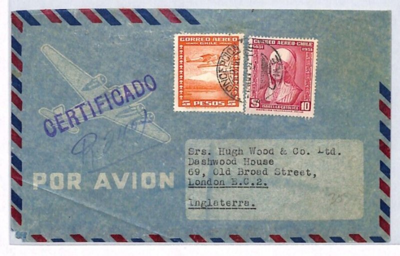 CHILE Air Mail Cover 5 Pesos SEA-PLANE Concepcion 1952 London {samwells}YV100