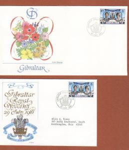 1981 Gibraltar, 2 diff Princess Diana wedding FDCs